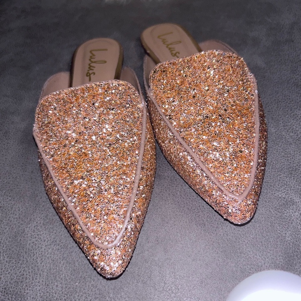 Shoes sale 50%off Lulus Joelle Rose gold cooper Glitter  8.5  mules flat S14 - Picture 7 of 8